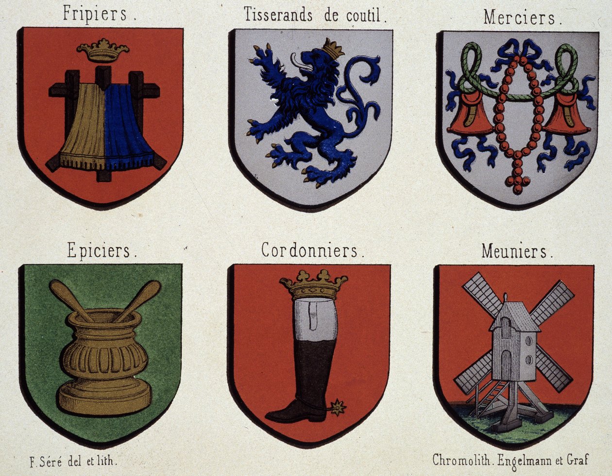Erby Gentu (vzorek středověkých erbů): Friebriers, Cusserands, Merciers, Grocer, Shoemakers, Meuniers od Unknown artist