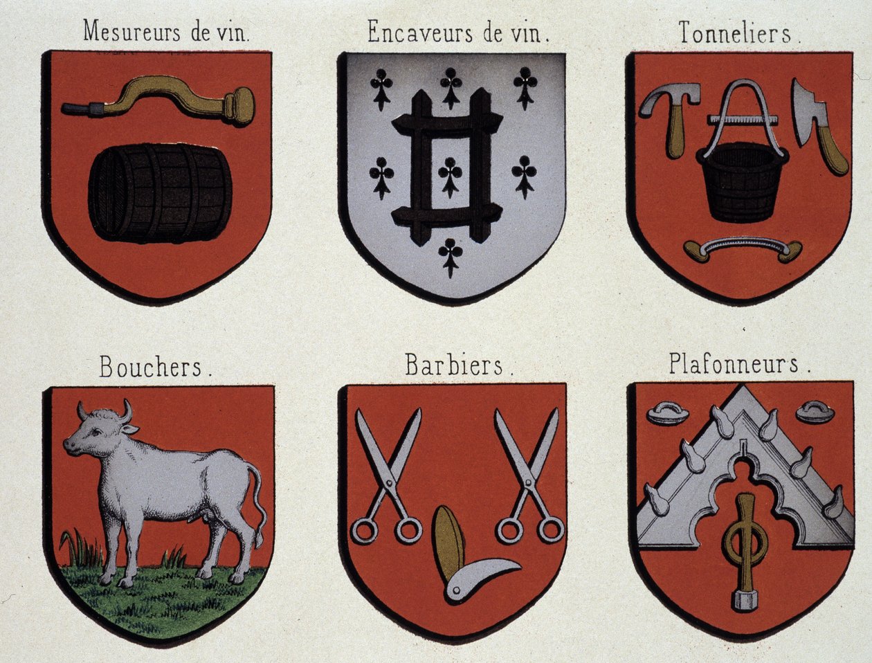 Erby Gentu (vzorek erbů středověku): Vinotéky, jeskyňáři, bednáři, řezníci, holiči, stropníci od Unknown artist