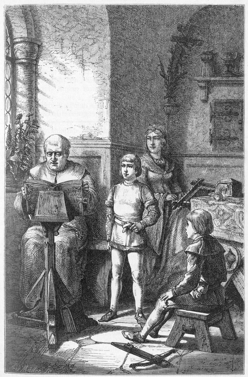 Constance Eveque čte německou historii v Conradovi, známém jako Conradin de Hohenstaufen (1252-1268) a Frederic I. Baden-Baden ((Friedrich I von Baden-Baden od Unknown artist