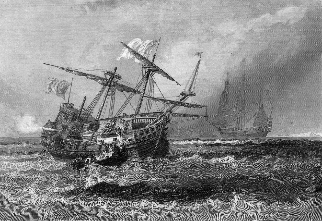 Corbin prohrál na útesu na Maledivách 1. července 1602. V „Obecné historii námořnictva“ od Van Tenaca od Unknown artist