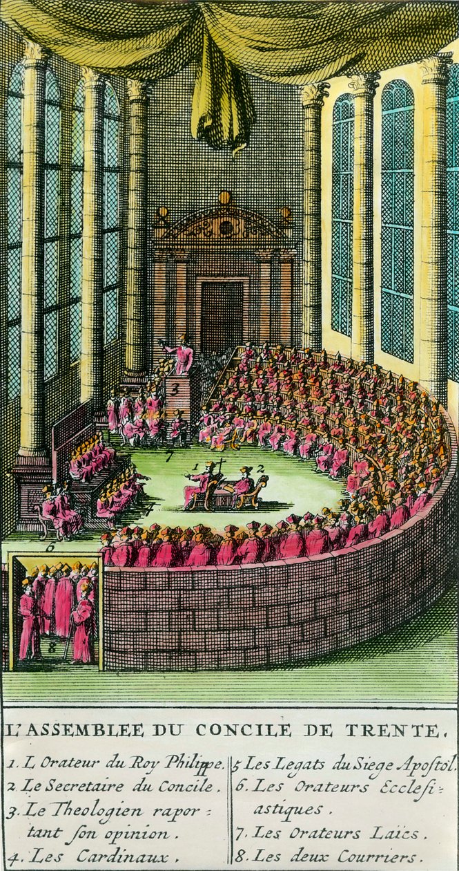 Tridentský koncil. Ilustrace s popisem členů přítomných na shromáždění. Tridentský koncil svolal papež Pavel III. (zástupce římskokatolické církve) v roce 1545 v reakci na žádost Martina Luthera v roce 1545. od Unknown artist