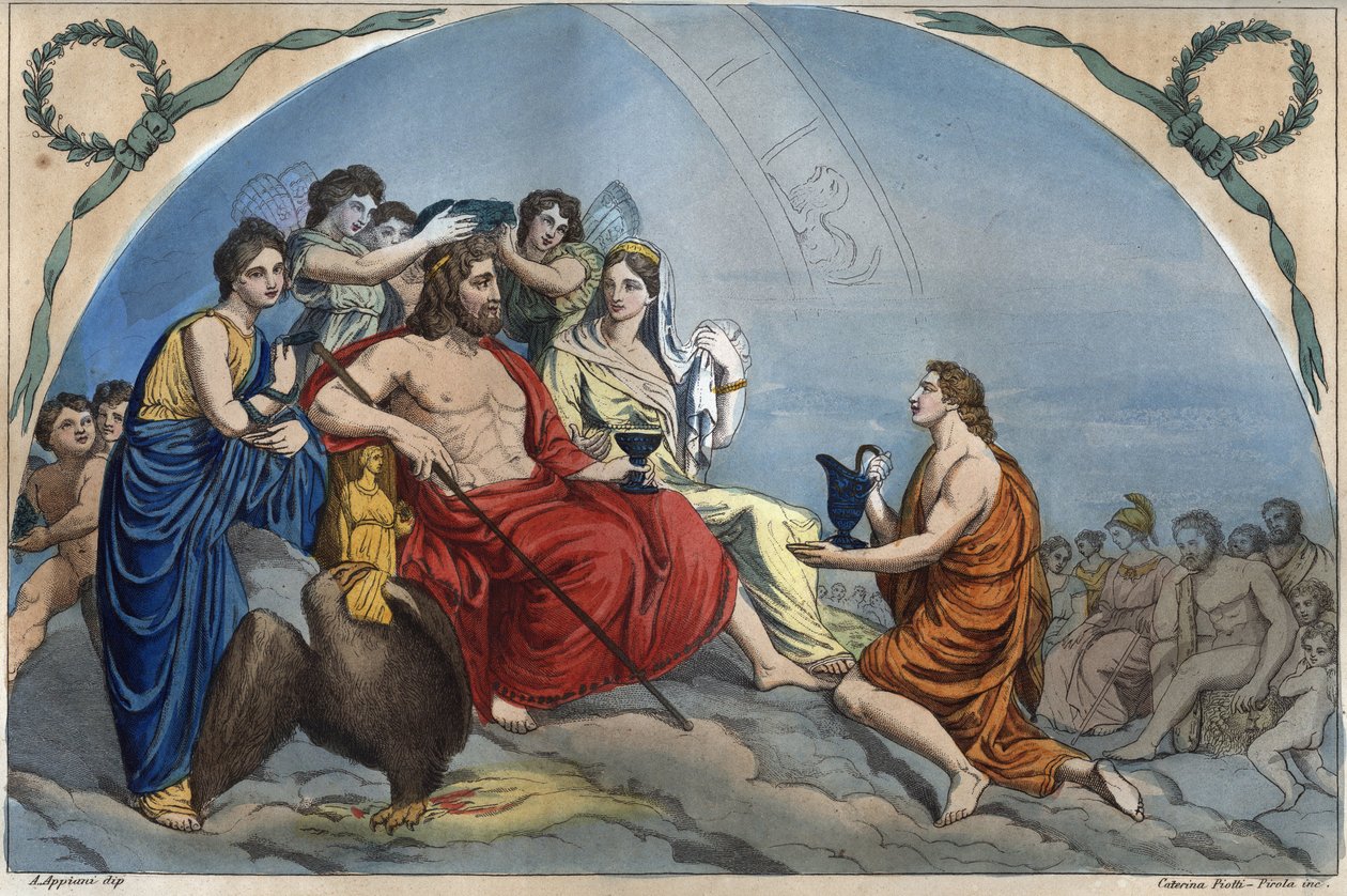 Rada bohů (neboli shromáždění bohů): Zeus na Olympu obklopuje božstva - Olympus rytina z „“ zvyků všech národů vesmíru. To jsou dějiny vlády, zákonů, milicí, náboženství všech národů d od Unknown artist