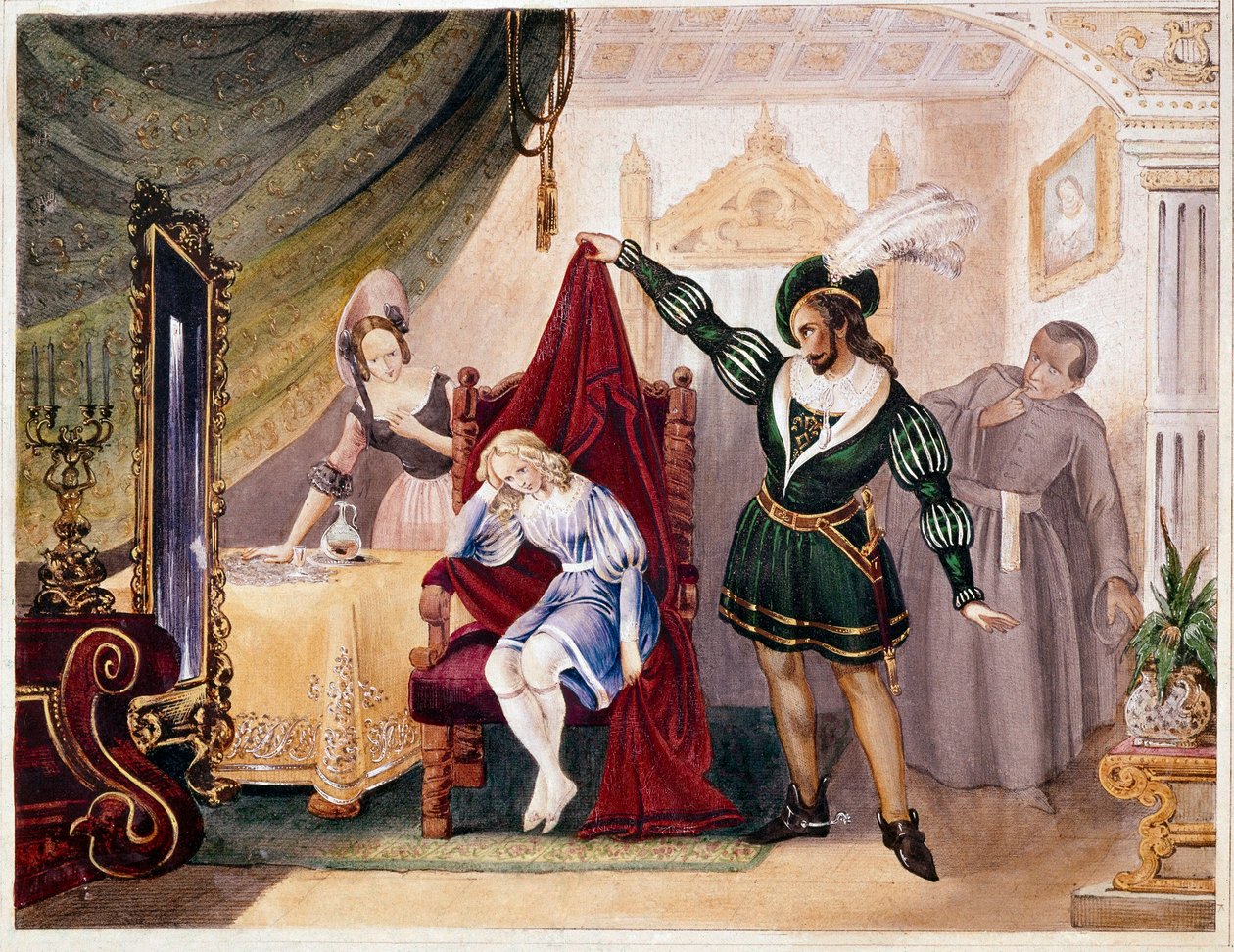 Hrabě postupoval k Suzanne, zatímco Cherubín byl ukrytý na židli, z Figarovy svatby od Mozarta (rytina) od Unknown artist