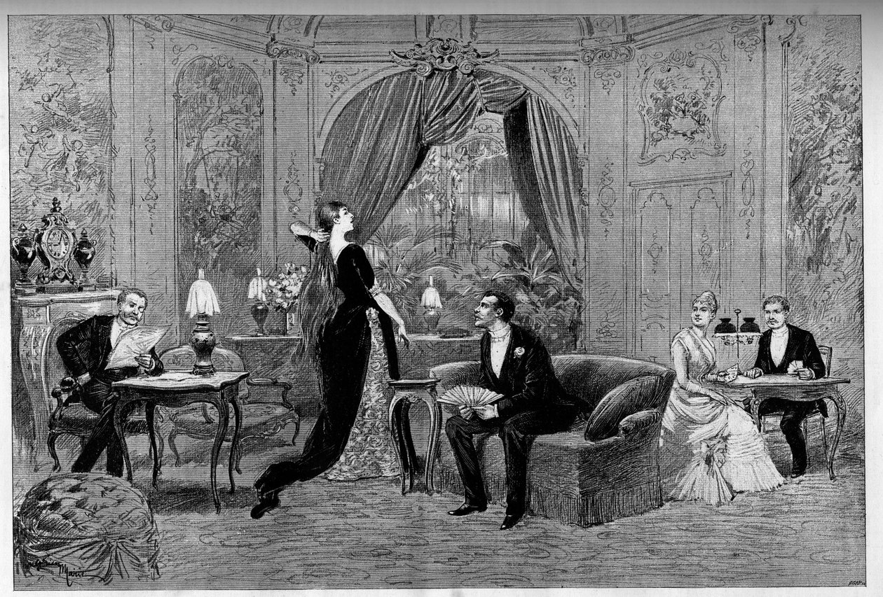 Hrabě z Riverolles, Francine, Stanislas de Grandredon, Therese Smith a Henri de Simeux, postavy hry „“ Francillon“, komedie Alexandra Dumase (1824-1895) hrané v Comedie-Francaise (1887) v Paříži. Rytina „“ Le monde illustriou od Unknown artist