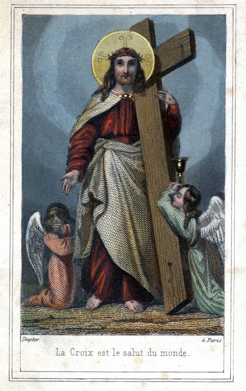 Kříž je spása světa. Populární snímky o Kristu nesoucím kříž. Po jeho boku stojí dva andělé. Kolem roku 1850. od Unknown artist
