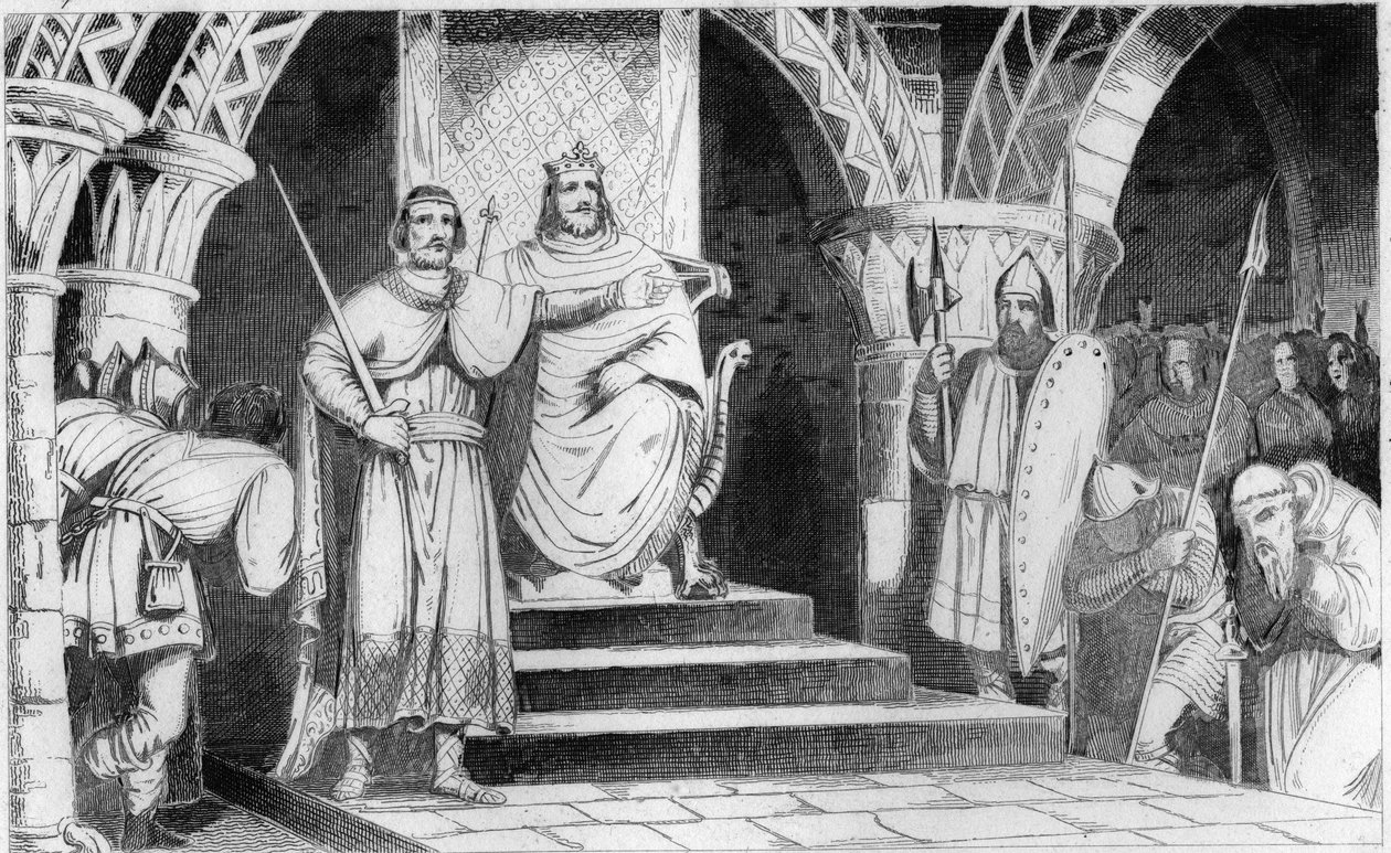 Korunování Chilperika II (670-721) - Chilperika II (670-721) je umístěn na trůn Rainfroi (Ragenfred) (starosta paláce Neustrie) v roce 715 - Rytina z roku 1825 v „Histoire de France reprezentovaná synoptickými malbami dediee dětem Fra od Unknown artist