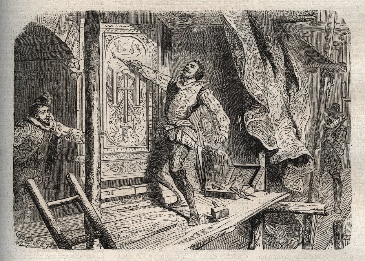 Smrt Jeana Goujona (1510-1562 nebo 1569), zemřel podle legendy v roce 1572, během Svatého Bartoloměje - rytina v „“ Dictionnaire populaire illustrious” - 1864 - Joseph Decembre a Edmond Allonier - od Unknown artist