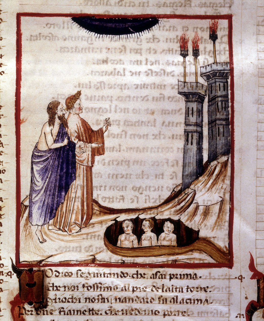 Božská komedie Dante Alighieri. Peklo. Miniatura zobrazující město Dity. Rukopis 14. století. Městská bibli. z Rimini. od Unknown artist