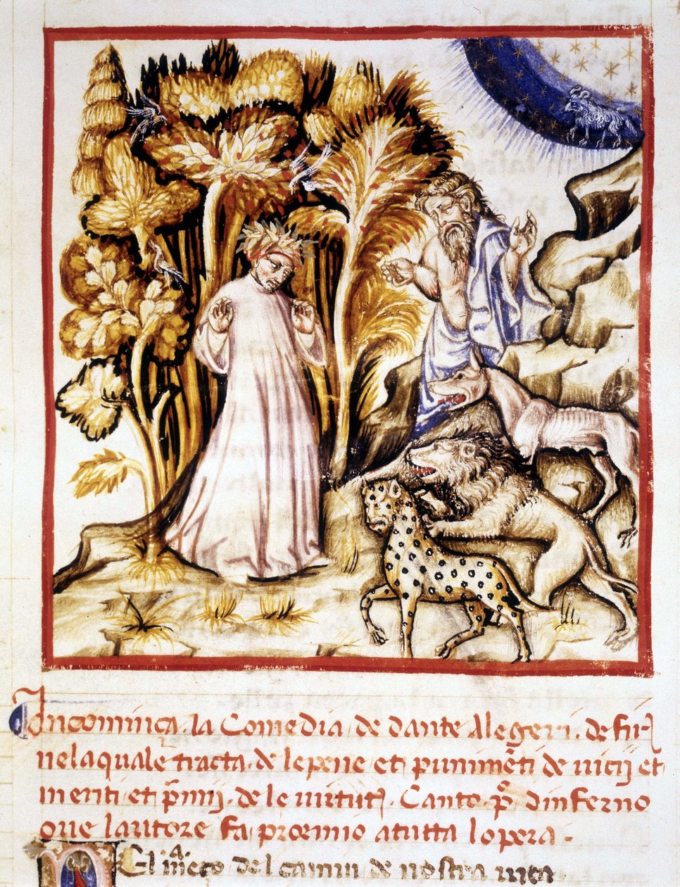 Božská komedie Dante Alighieri. Miniatura zobrazující Danteho, Vergilia a tři zvířata. Rukopis 14. století. Městská bibli. z Rimini. od Unknown artist