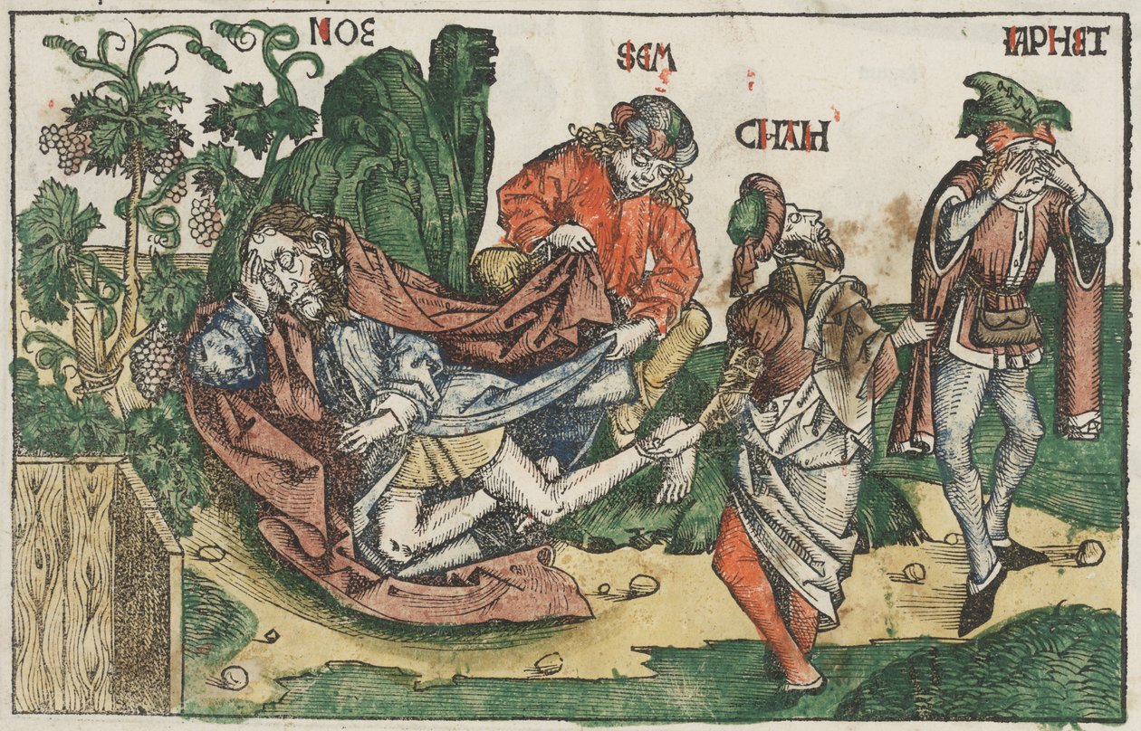 The Drunkenness of Noah, c.1483-95 (ručně kolorovaný dřevoryt) od Unknown artist