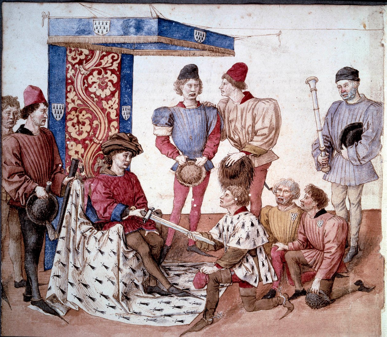 Vévoda z Bretaně předkládá králům svůj meč Miniatura převzatá z „“ Kniha turnajů krále Reného z Anjou (René I. Neapolského) (1409-1480)“ 1460 v okolí Paříže, B.N. od Unknown artist