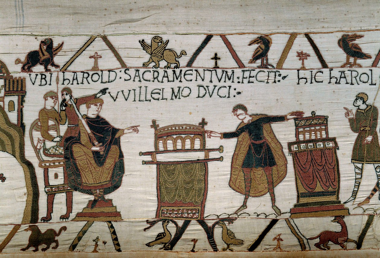 Vévoda z Normandie Guillaume Dobyvatel (1027-1087) vyrobil rytíře Harolda, který složil přísahu věrnosti na dva relikviáře Detail tapiserie z Bayeux nebo výšivky královny Mathildy od Unknown artist