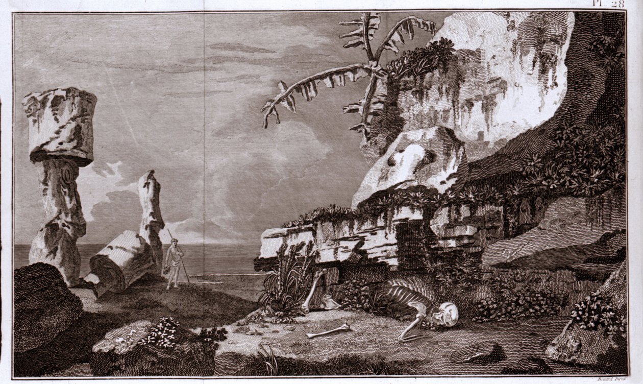 Velikonoční ostrov (Rapa Nui) v Polynésii podle „Viaggi del Capitano Cook“, rytina z 19. století. od Unknown artist