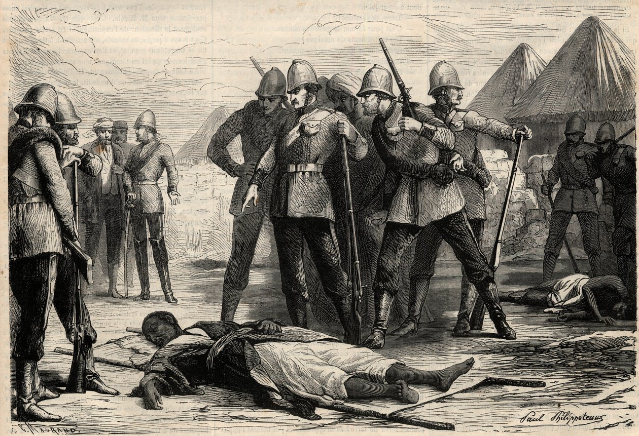 Císař (negus) Etiopie Theodoros II (Tewodros) zemřel 13. dubna 1868 po zajetí Magdaly Angličany, kam se negus stáhl. Gravírování v „“L