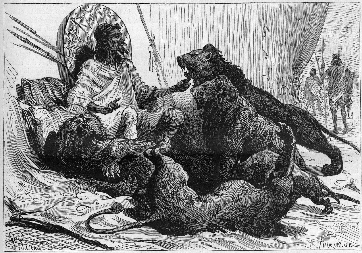 Císař (ras) Theodoros Habešský obklopuje své lvy. V „Přírodě“ z roku 1888. od Unknown artist
