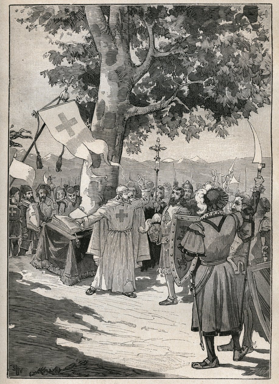 Erable of Tons ve Švýcarsku, na jehož úpatí abbé z Dissentis, hrabata ze Saska a Werdenbergu a baron z Razuns v roce 1424 přísahali Horní ligu neboli Ligu Graubünden, která připravila helvetskou nezávislost. Rytina z roku 1885 in od Unknown artist