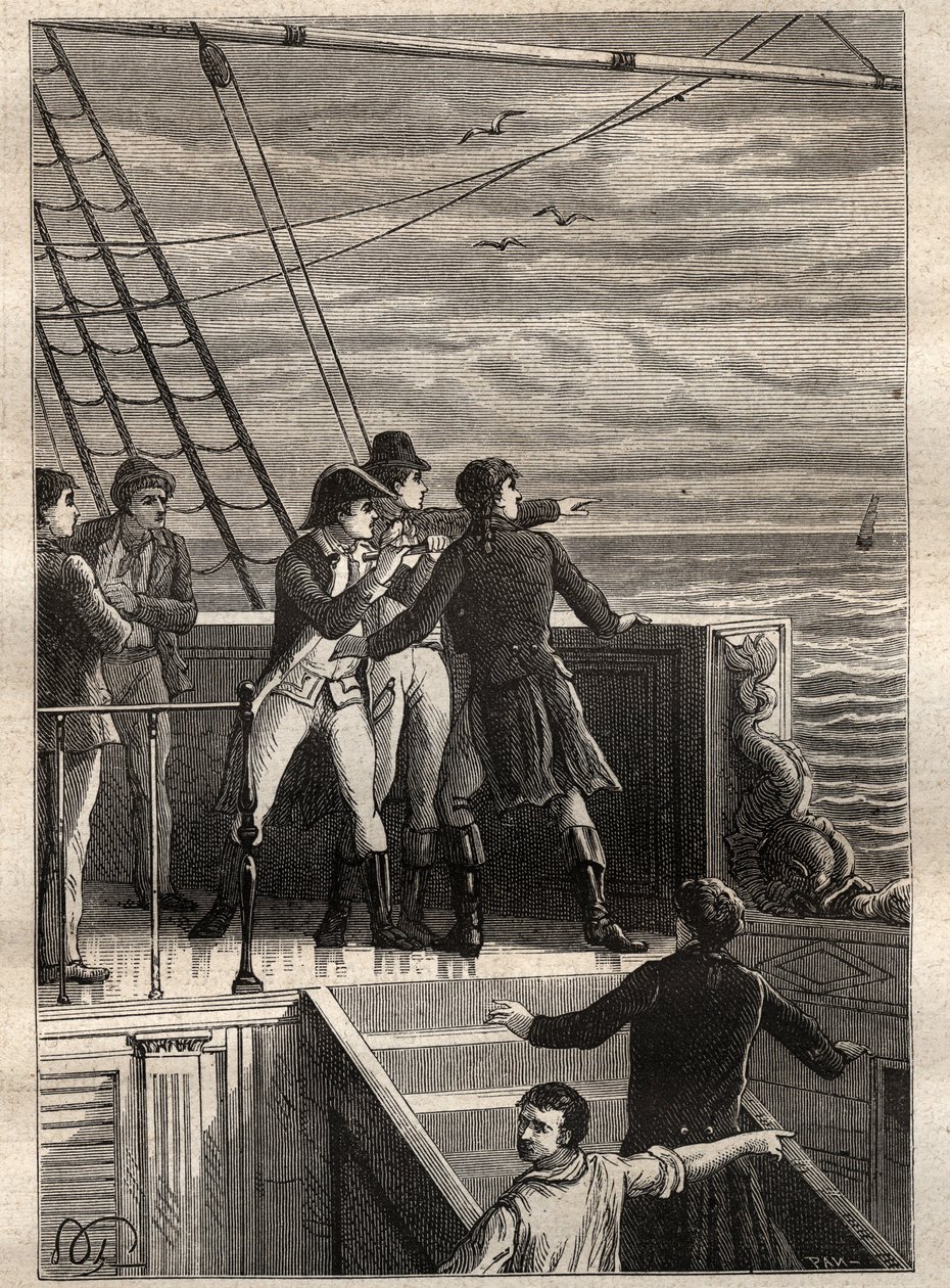 Výprava do jižních zemí (1800-1803) od Nicolase Baudina (1754-1803): námořníci z New Holland (Austrálie) hlásí závoj na obzoru - ilustrace převzatá z „Velkých námořníků 18. století“ od Unknown artist