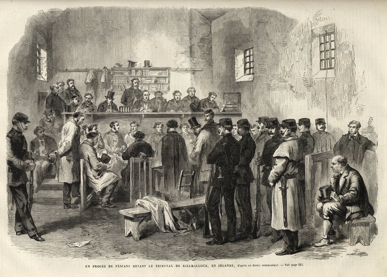 Fenianské povstání, vyšetřování pana Clearyho v soudní budově v Kilmallocku – 1867 – Proces s Feniany před soudem v Kilmallocku v Irsku – 1867 – rytina z „The Illustrous Universe““ z roku 1867 od Unknown artist