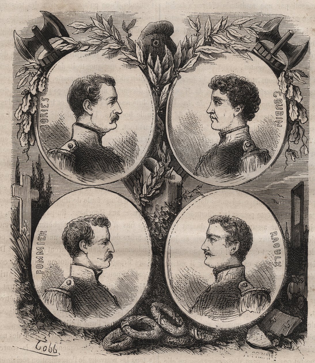 Čtyři seržanti (Jean Francois Bories (1795-1822), Jean Joseph Pommier (1796-1822), Marius Claude Raoulx (1797-1822)) a Charles Goubin (1798-1822) z La Rochelle obvinění v rámci Restoration, že chtějí svrhnout monarchie a gilotiny v roce 1822 od Unknown artist
