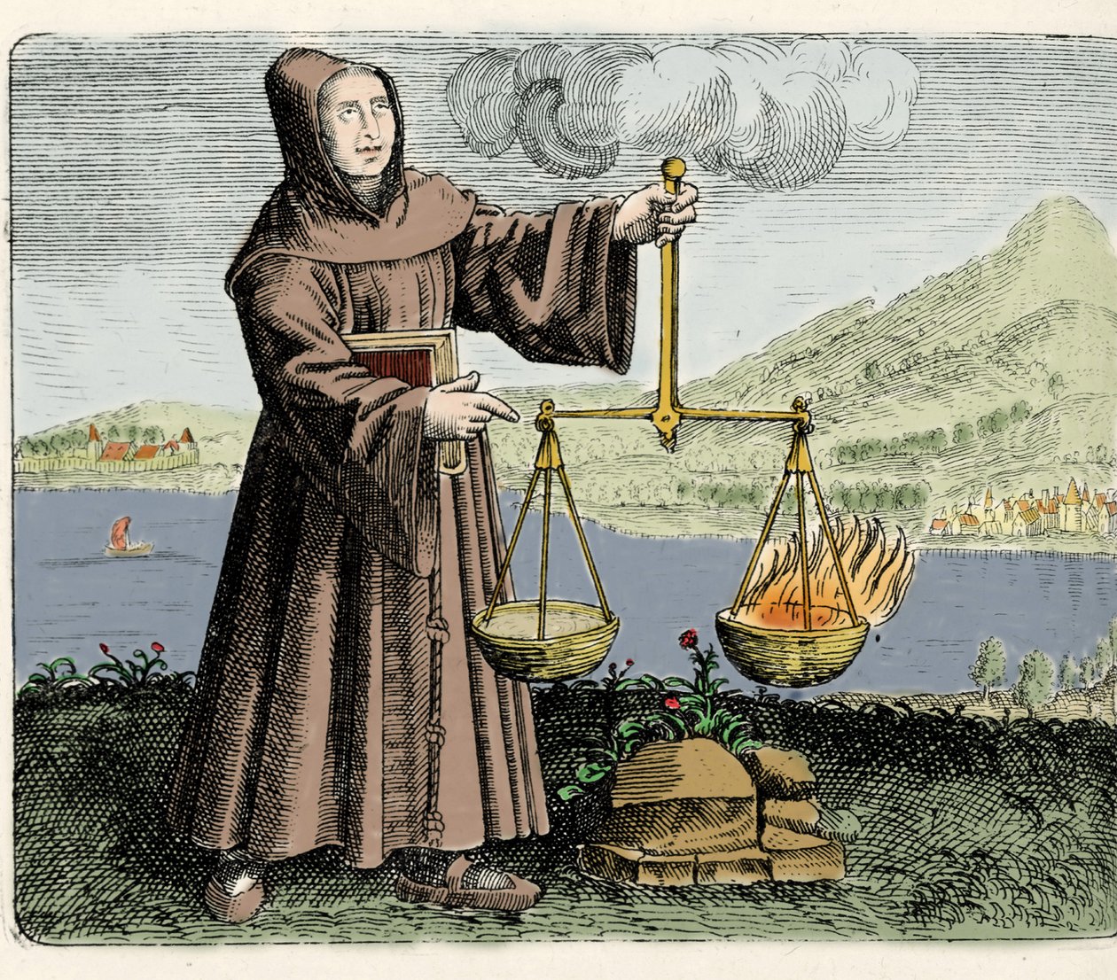 Františkánský mnich, filozof a alchymista Roger Bacon (Bacon) (Doctor Mirabilis) (1214-1294) dělá zážitek. Rytina z „Symboly zlatého stolu dvanácti národů“ od Michaela Mayera 1617 od Unknown artist