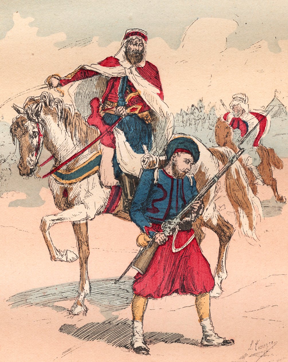 Francouzská Armee za vlády Ludvíka Filipa v letech 1830 až 1848 - Zouave a Spahi - Rytina z roku 1882 v „“ Histoire de dix ans: 1830-1840“““ Louis-Blanc (1811-1882) od Unknown artist