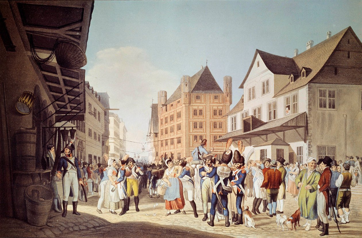 Francouzské jednotky 24. pěšího pluku opouštějí Frankfurt s generálem Augereau Rytina z roku 1808 Frankfurt, historické muzeum od Unknown artist