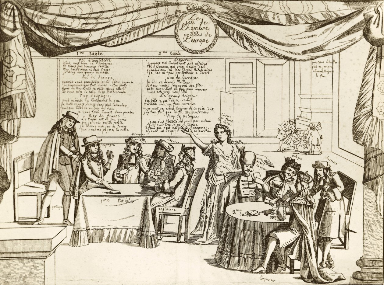 The Game of the Hombre of the Prince of Europe - Hombre, metafora mezinárodní politiky - 1685 - Evropa je rozsekána na kusy nekontrolovanými panovníky, kteří „hrají“ svá území jako svůj vlastní majetek - Satira následuje Treve of Regensburg, si od Unknown artist