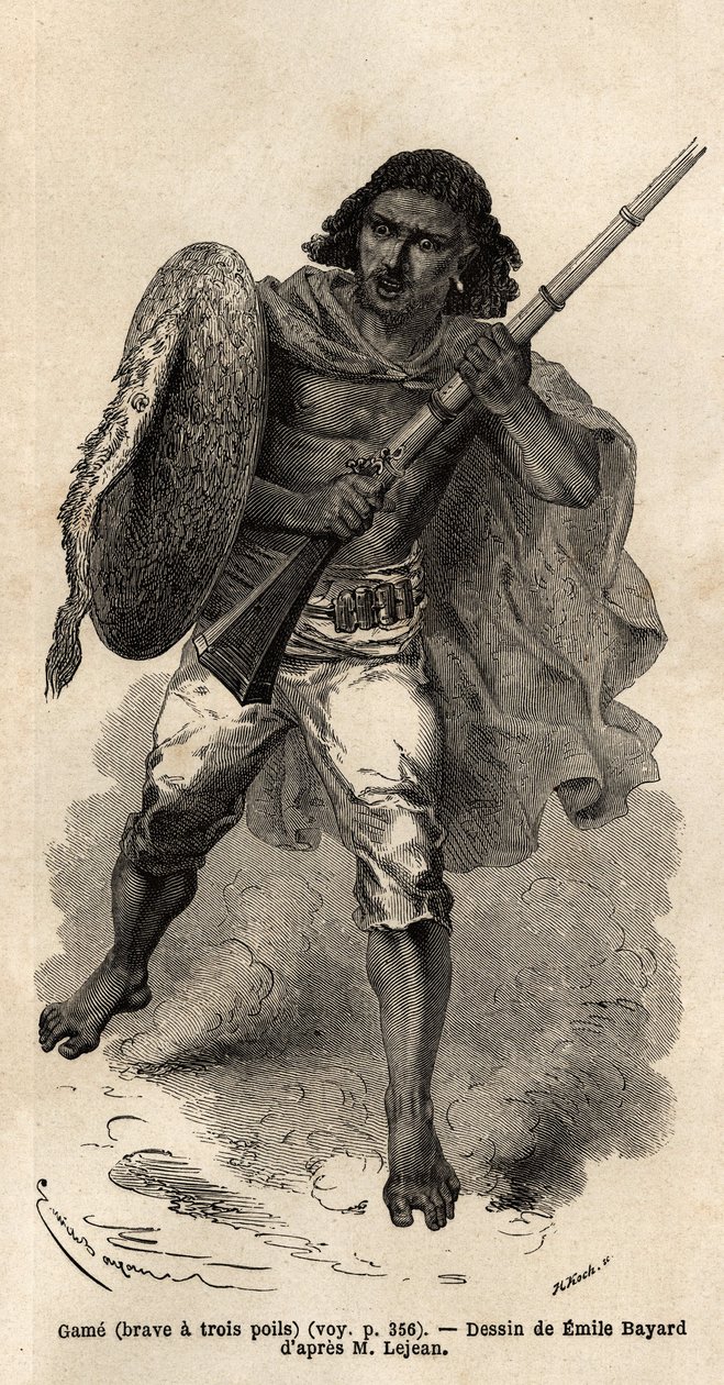 Hra, neboli statečný má tři vlasy, habešský voják. Rytina pro ilustraci cesty do Habeše, v roce 1862 od Guillauma Lejeana, v „Le tour du monde, nouveau journal des voyages““ vydaném pod vedením Edouarda Chartona od Unknown artist