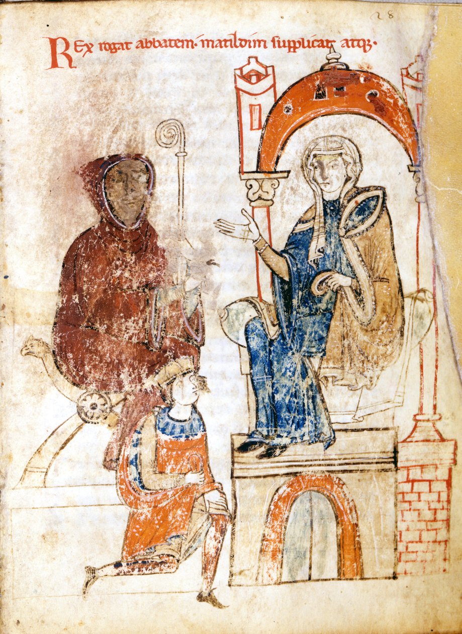 Germánský císař Henri IV (1050 - 1106) v kajícném oděvu prosí o odpuštění papeže Řehoře VII. (Hildebrand: 1015/20 - 1085), který se uchýlil na hrad hraběnky Mathildy Toskánské (1046 - 1115) v Canossa. 25. - 28. ledna od Unknown artist