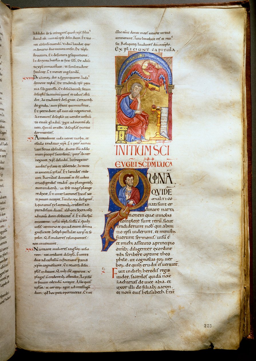 Evangelium svatého Lukáše představuje s býkem Page osvětlenou Bibli (Ms.721-Foglio 223r.) z počátku 12. století. Ztlumit. 52,5x36 cm Řím, Biblioteca Casanatense od Unknown artist
