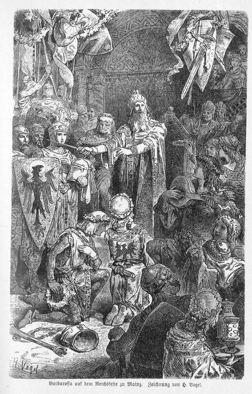 Velký císař Fridrich Barbarossa drží svůj dvůr v Mohuči - Fridrich I. od Hohenstaufen, dit Frederic Barberousse (1122-1190) obdržel v Mohuči kříž předvečera Gerarda z Würzburgu - rytina „“ Kaiser, Konig une Papst“ od Richarda Rotha od Unknown artist