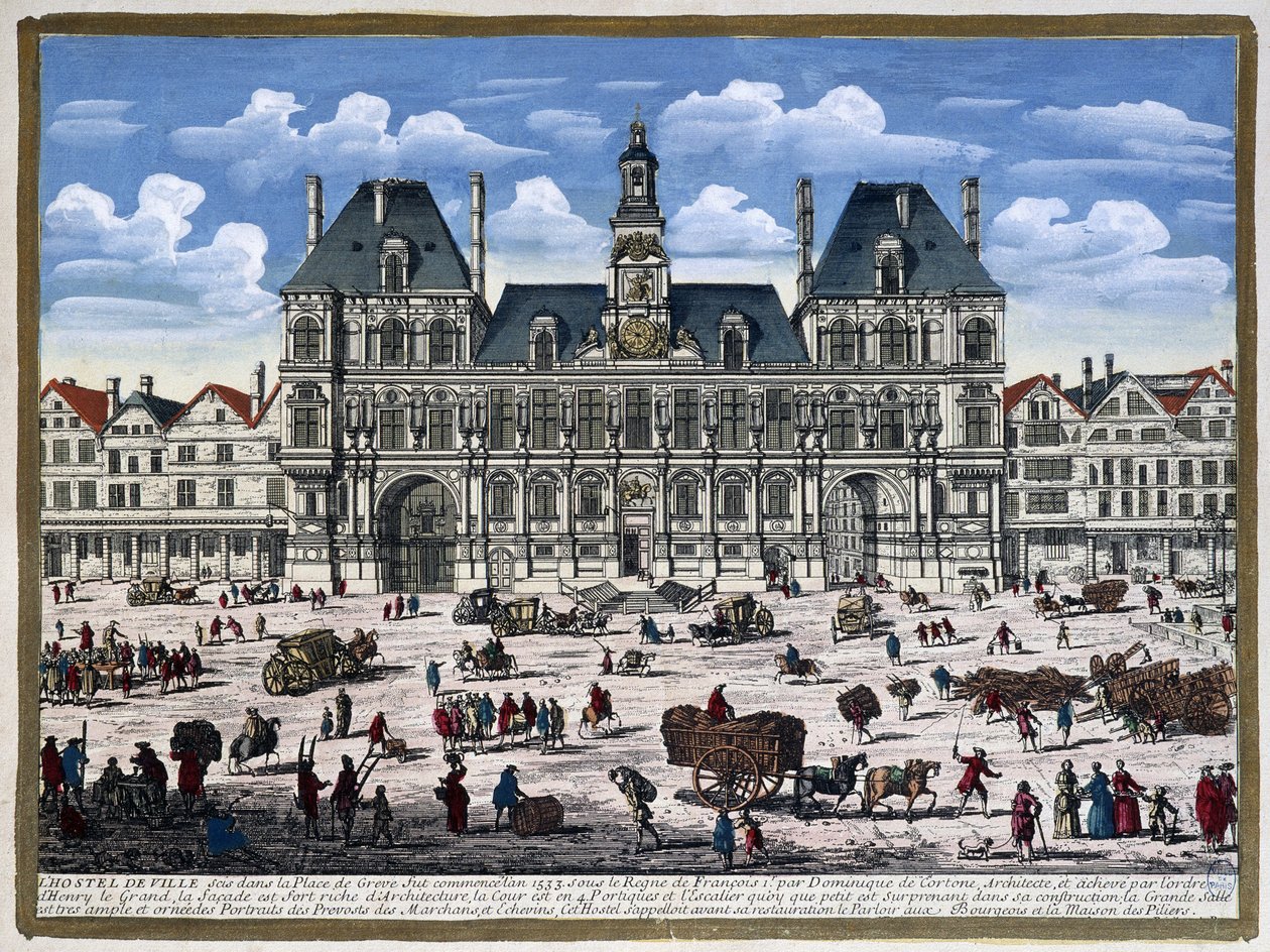 Hôtel de Ville de Paris a jeho náměstí v 16. století - rytina od Unknown artist