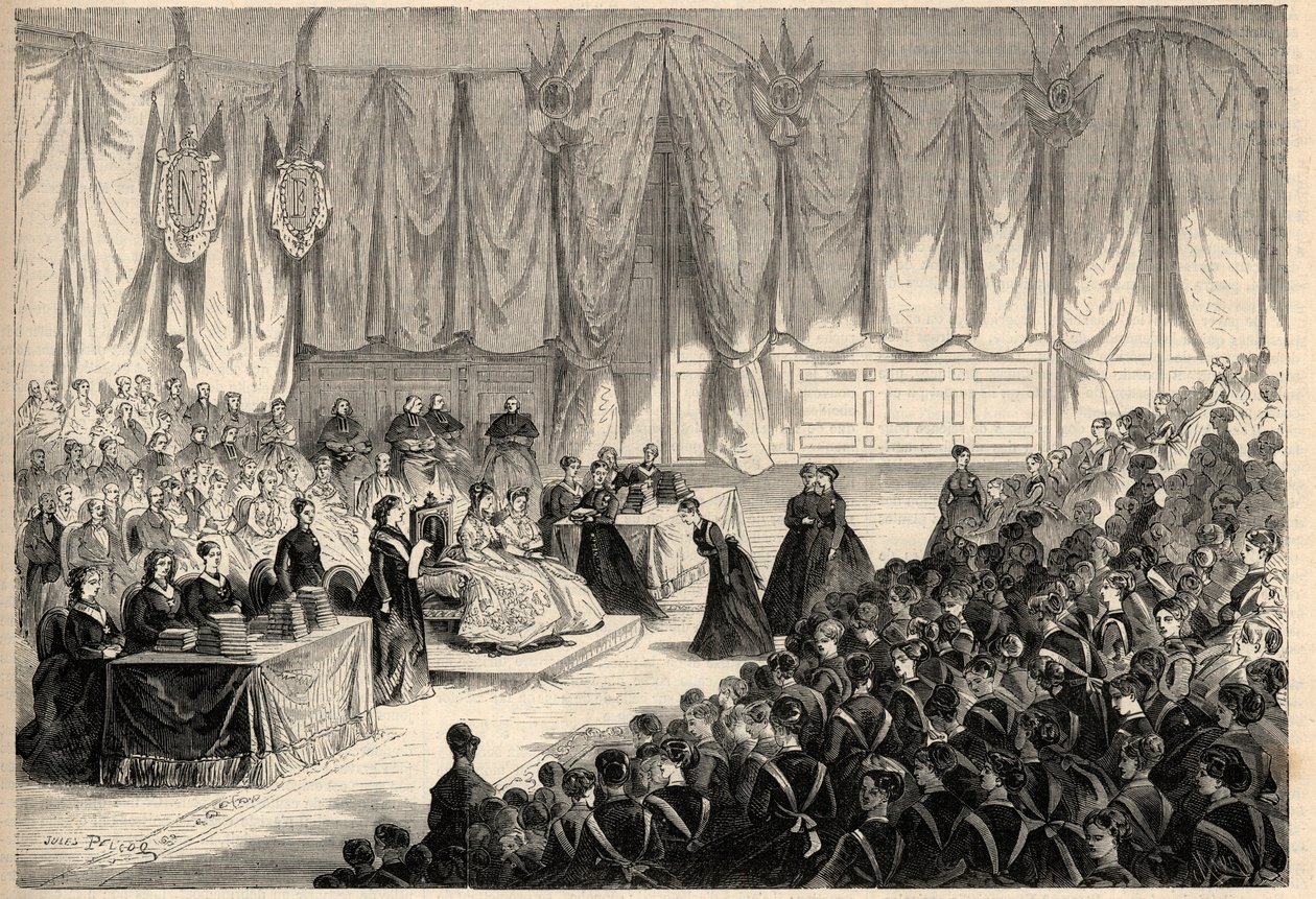 Impress Eugenie de Montijo (1826-1920), předsedající předávání cen imperiální instituci Čestné legie v Saint Denis. Gravírování v „“L