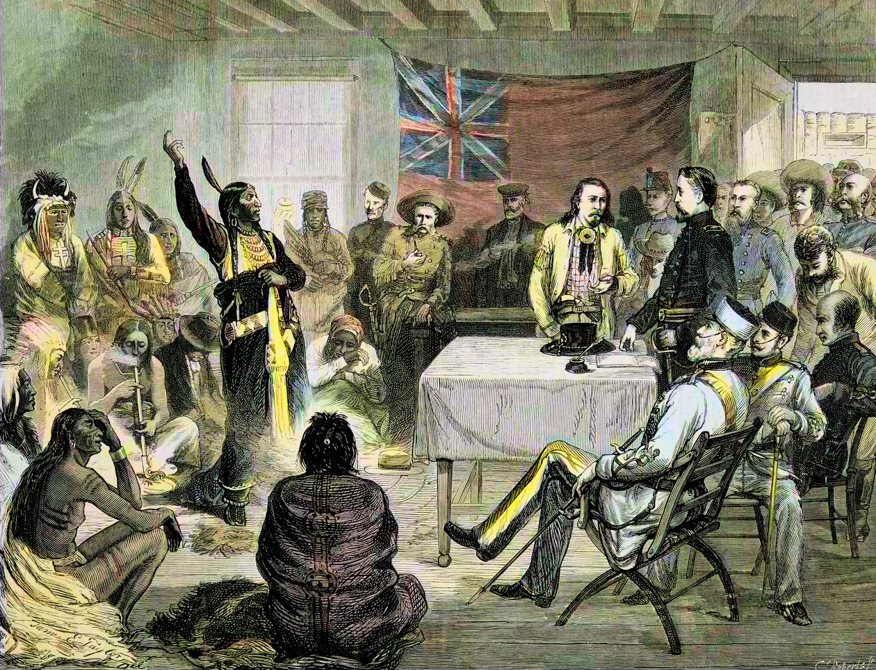 Indiánská válka ve Spojených státech – Rada „sedícího býka“ se Sitting Bull and Buffalo Bill ve Fort Walsh, britské území, říjen 1877 – Sitting Bull and Buffalo Bill: Rada Sitting Bull ve Fort Walsh, Britské území, během války s od Unknown artist