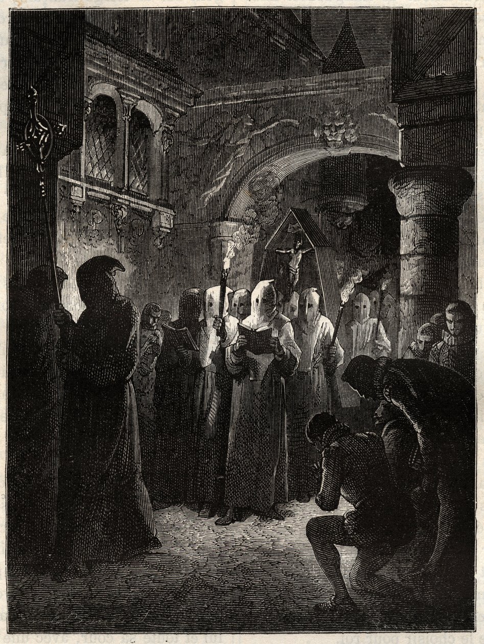 Francouzský král Jindřich III. (1551-1589) v bílém kajícném obleku”” Průvod Confrerie ustanovený králem 23.3.1585 (francouzský král Jindřich III. v bílém kajícném průvodu) od Unknown artist