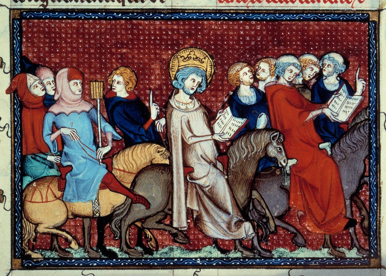 Francouzský král Ludvík IX. (Saint Louis) (1214-1270) nechal koně vyprávět své hodiny svým miniaturním kaplanům z rukopisu „Život a zázraky svatého Ludvíka““ od Viléma ze Saint Pathus. od Unknown artist