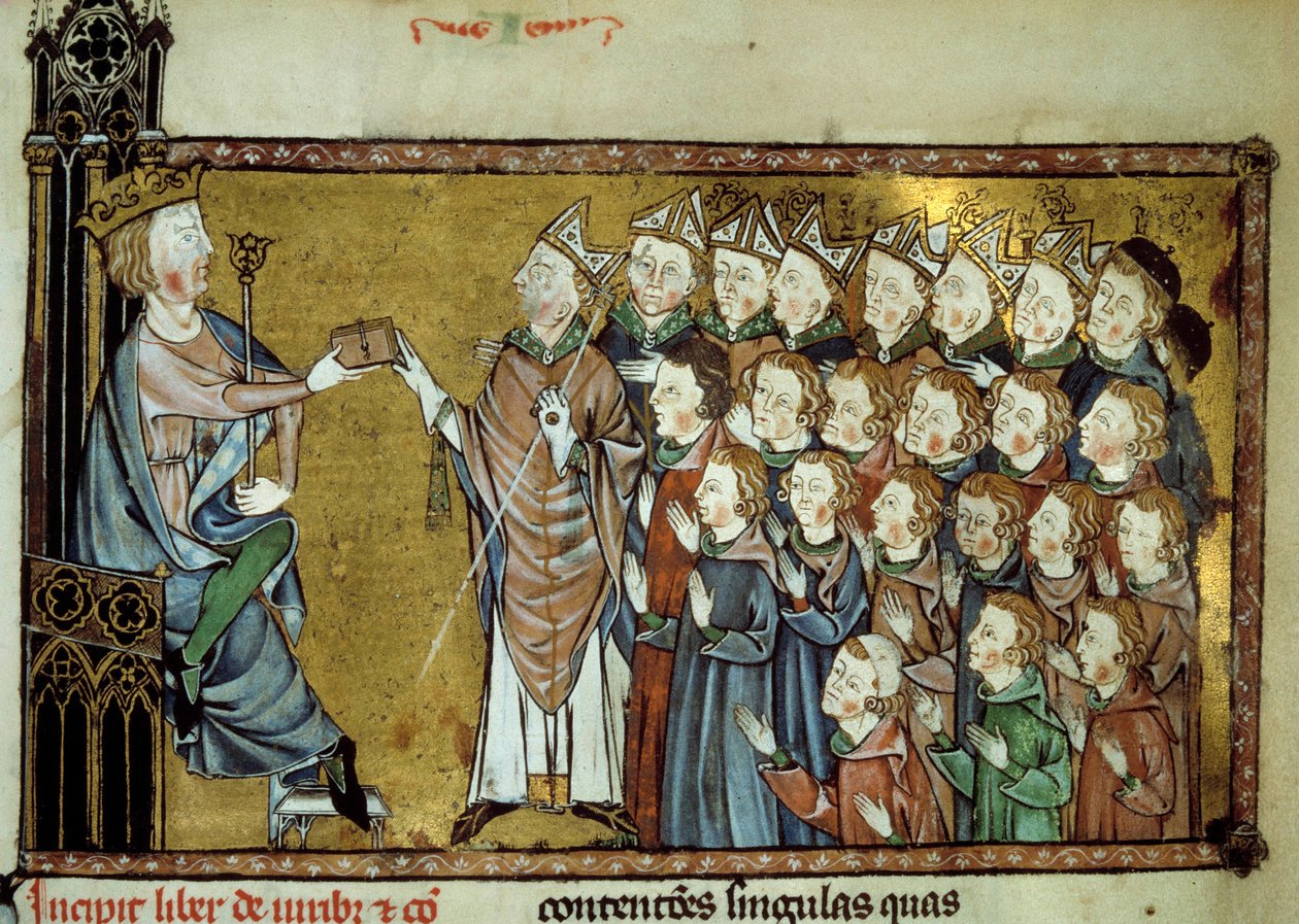 Francouzský král Ludvík X. Hutin (1289-1316) předal 19. 3. 1315 Listinu Normanům, čímž si vévodce z Normandie představoval větší nezávislost a méně daní. Miniatura z rukopisu ze 14. století od Unknown artist