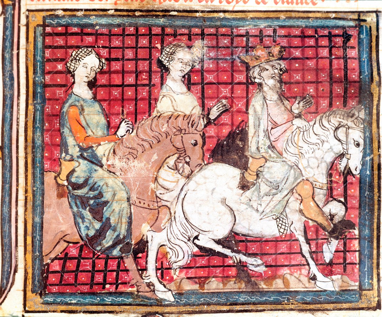 Král franků Chilperic I (543-597) a Fredegonde miniatura koně z „“Grandes Chronicles de France”” 1375-1379 Městská knihovna, Castres od Unknown artist