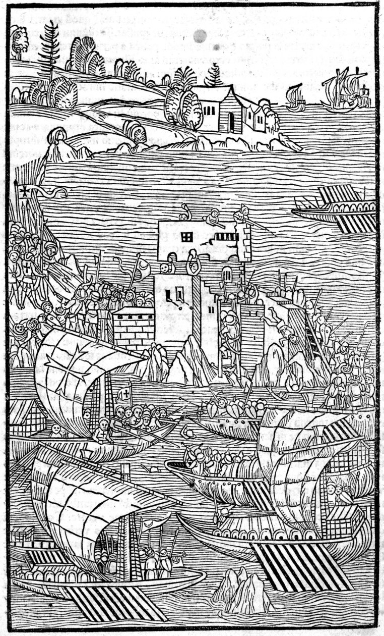 Rhodští rytíři (Řád johanitů sv. Jana Jeruzalémského) útočící na Rhode Island v „“Rhodiorum Historia““ od Guilelmuse Caorsina, Ulmae, Joh. Reger 24. října od Unknown artist