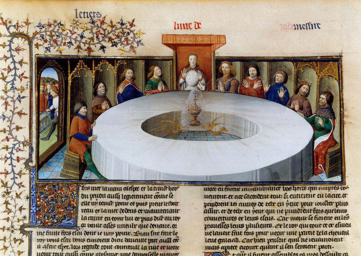Rytíři kulatého stolu z „Příběhu Lancelota“. Vystoupení svatého grálu před rytíři kulatého stolu, miniatura převzatá z „Historie Lancelot“, velin od Unknown artist
