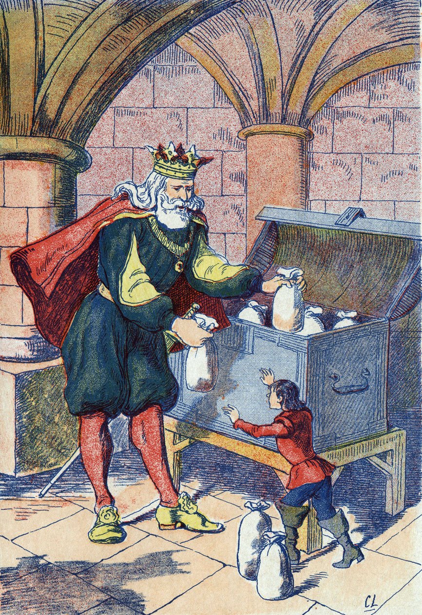 The Little Poulet kompenzuje král. Ilustrace k „“Le Pepetit poucet“, příběh Charlese Perraulta (1628-1703), francouzského spisovatele. Anonymní ilustrace. Snímky Marcel Vagne, Jarville Nancy, nedatováno (konec 19. století). od Unknown artist