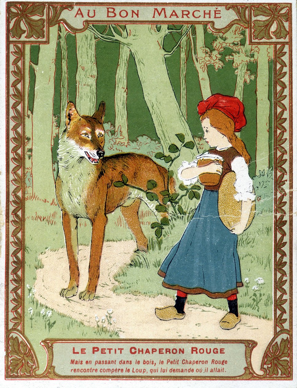 Červená karkulka se setkává s vlkem - reklamní etiketa Bon Marché od Unknown artist