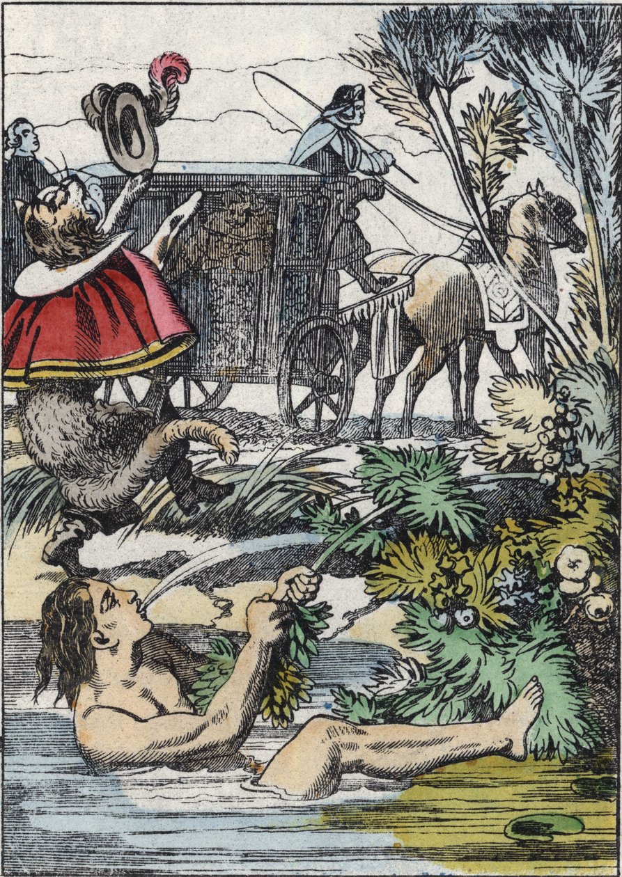 Markýz de Carabas předstírá, že se topí, zatímco kočka volá o pomoc. Ilustrace příběhu „The cat botte“ od Charlese Perraulta od Unknown artist
