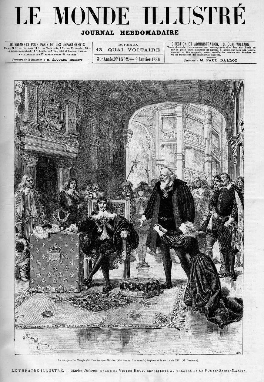 Marquis de Nangis (interpretoval Dumaine) a Marion (Sarah Bernhardt) prosící krále Ludvíka XIII (Garnier). Divadelní kus „“ Marion Delorme “, drama Victora Huga (1802-1885) zachycuje v divadle u dveří svatého Martina poté, co byl zakázán od Unknown artist