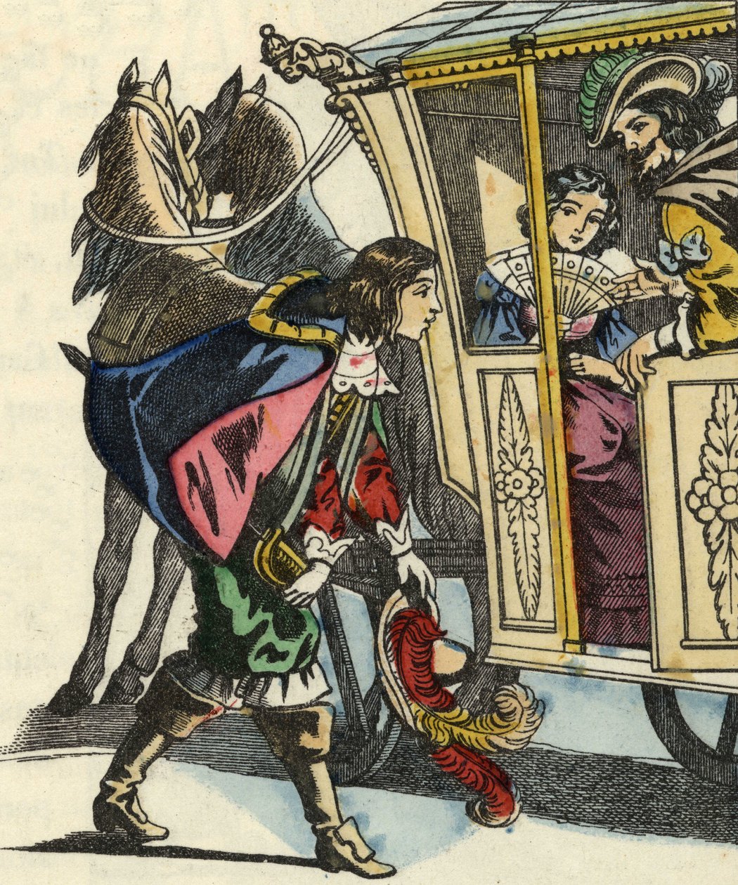 Markýz z Carabasu vítá krále a princeznu v jejich kočáru. Ilustrace příběhu „The cat botte“ od Charlese Perraulta od Unknown artist
