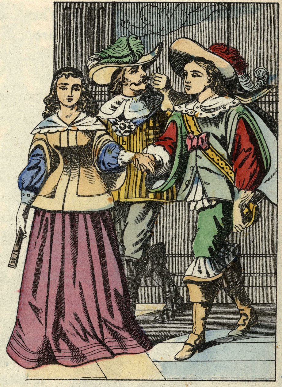 Markýz z Carabasu, princezna a král na zámku. Ilustrace příběhu „The cat botte“ od Charlese Perraulta od Unknown artist
