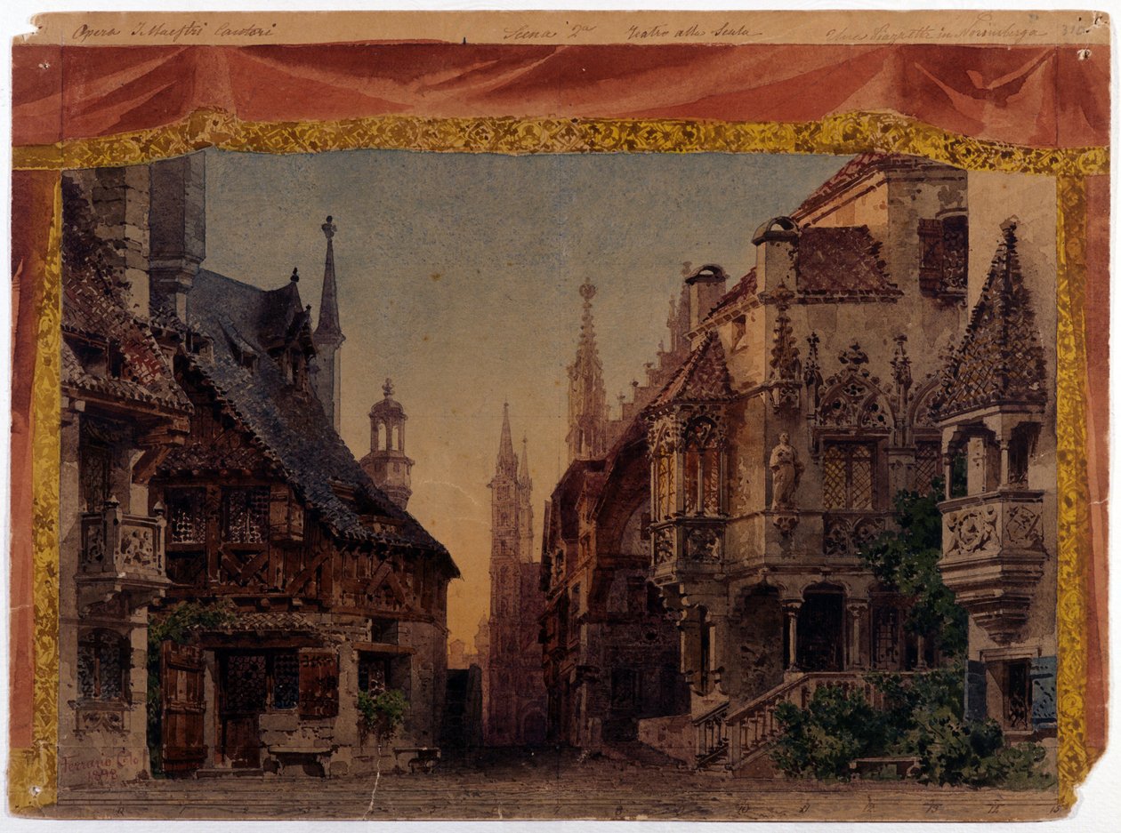 Meistersinger von Nurnberg (Les Maitres Chanteurs de Nuremberg), WWV 96, opera Richarda Wagnera vytvořená v roce 1868. Scénografie Ferrario pro La Scala v Miláně od Unknown artist