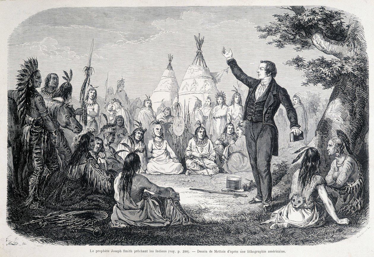 Mormonský prorok Joseph Smith káže Indiánům (Severní Amerika). ilustrace 19. století. od Unknown artist