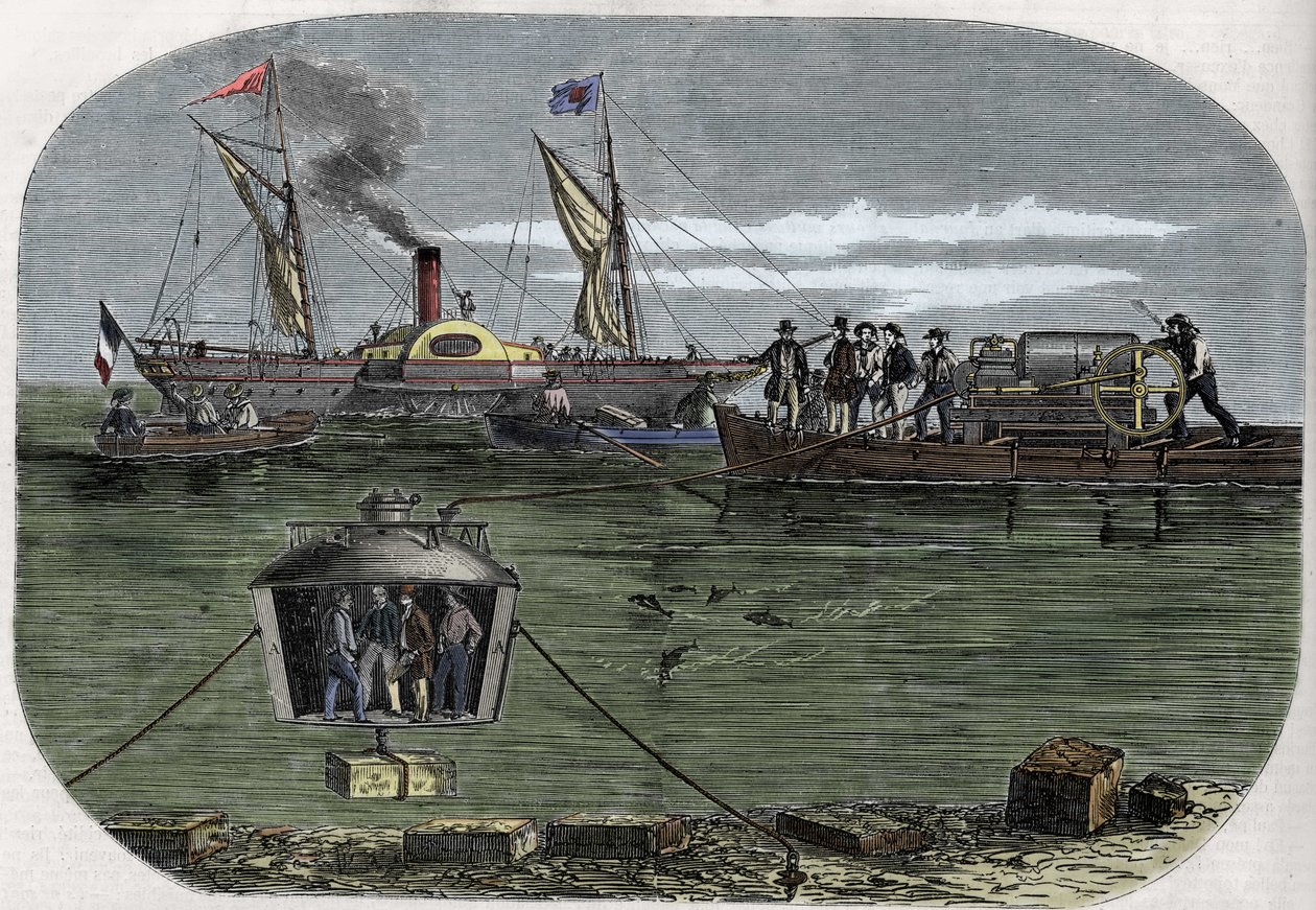 Potápěčský zvon „Nautilus“ Dr. Antoina Prospera Payerna experimentoval v Seině v Paříži a poté byl zdokonalen ve Spojených státech. Rytina (1858) v Le “” Monde illustrious””. od Unknown artist