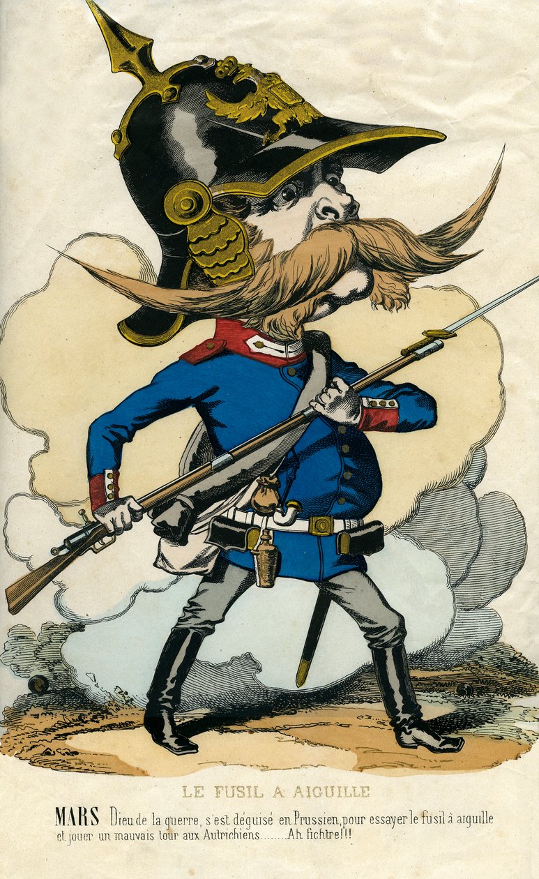 Jehlová puška - Portrét Otty Von Bismarcka (1815-1898) Pruský kancléř - Mars, bůh války, se jako Prus zklamal, když zkusil jehlovou pušku a zahrál Rakušanům špatný trik... Karikatura od Unknown artist